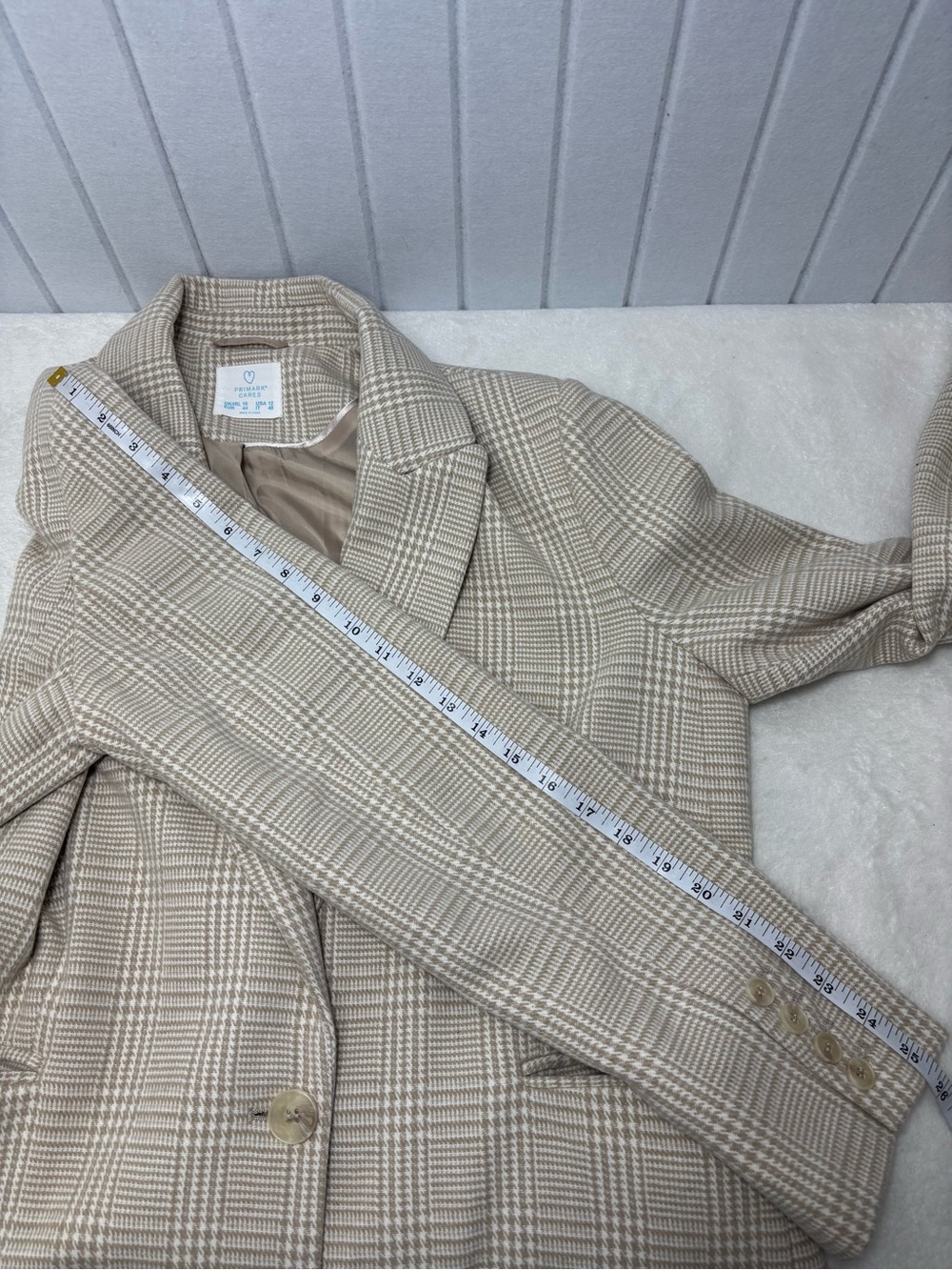 Primark Cream Plaid Long Blazer Jacket Size 12 - Picture 9 of 13